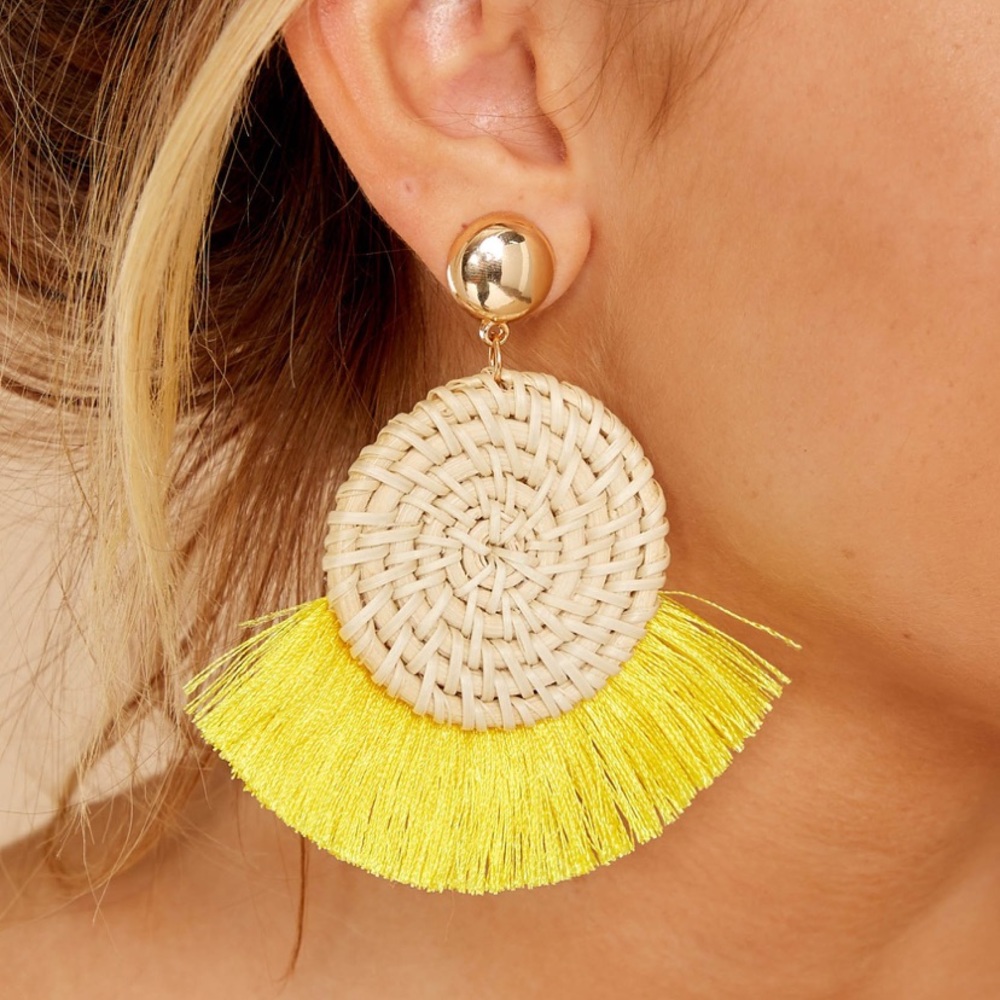 Yellow tassel earrings, woven circle - BRAND NEW